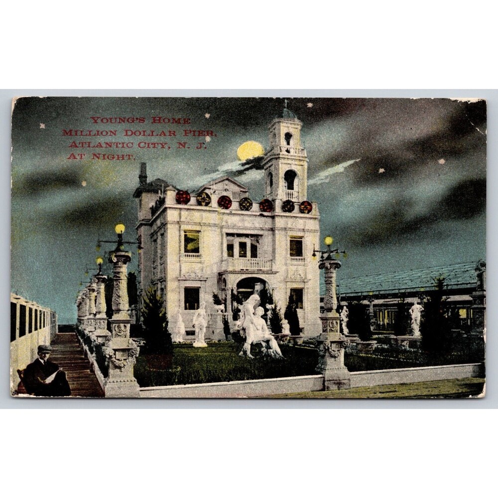 Postcard New Jersey Atlantic City Young's Home Million Dollar Pier at Night Moon
